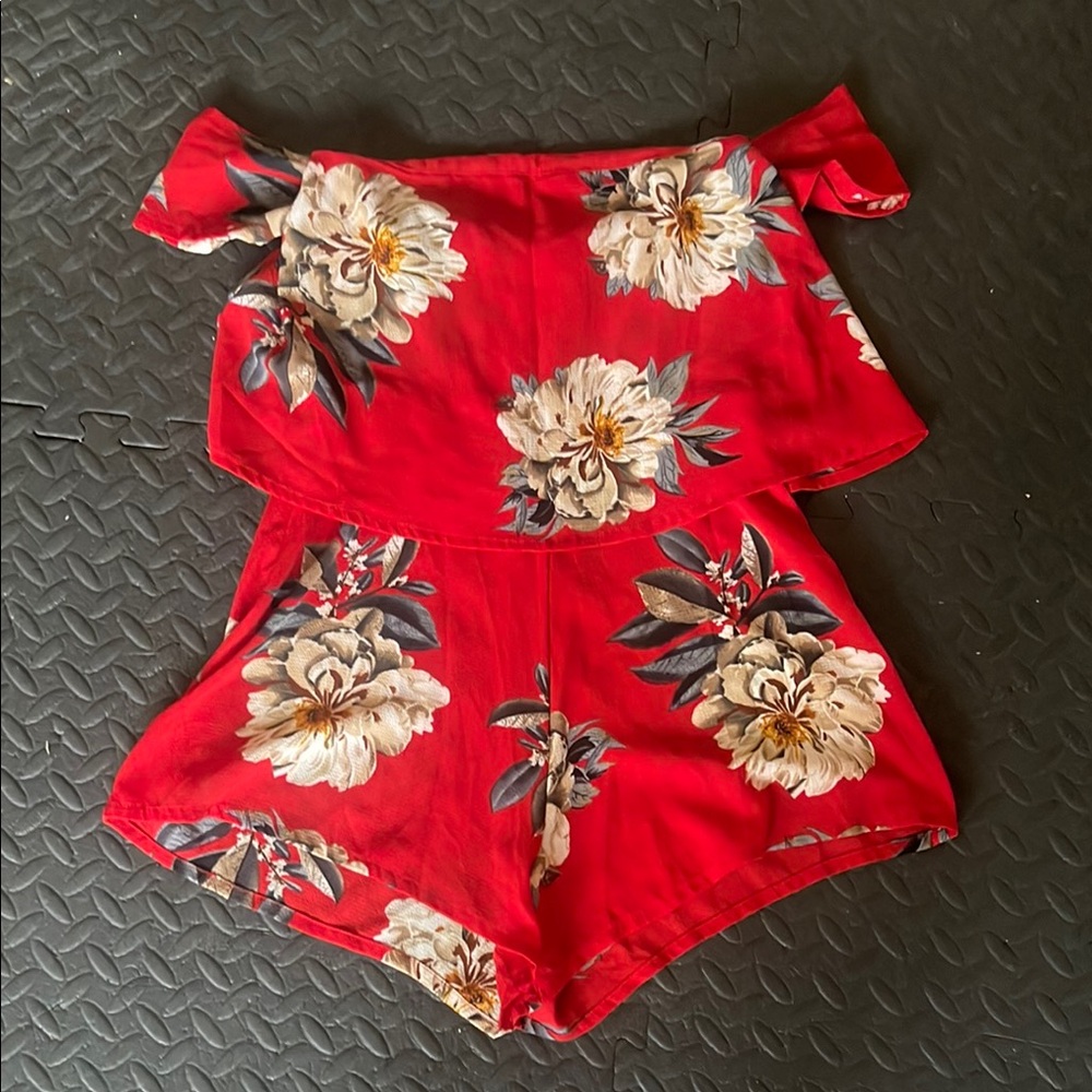 Floral Off-Shoulder Red Romper
